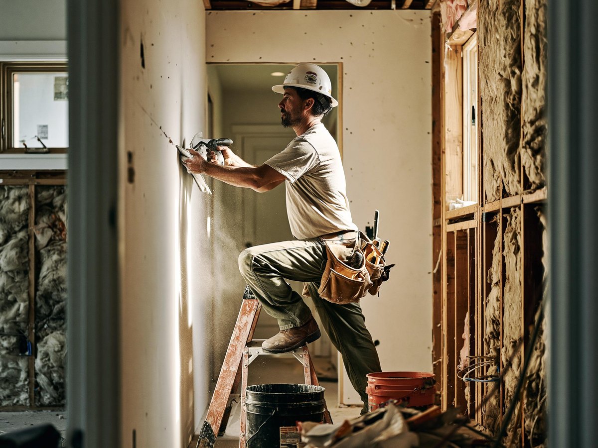 Drywall contractor on a step ladder working a coat into a wall seam in a house under renovation