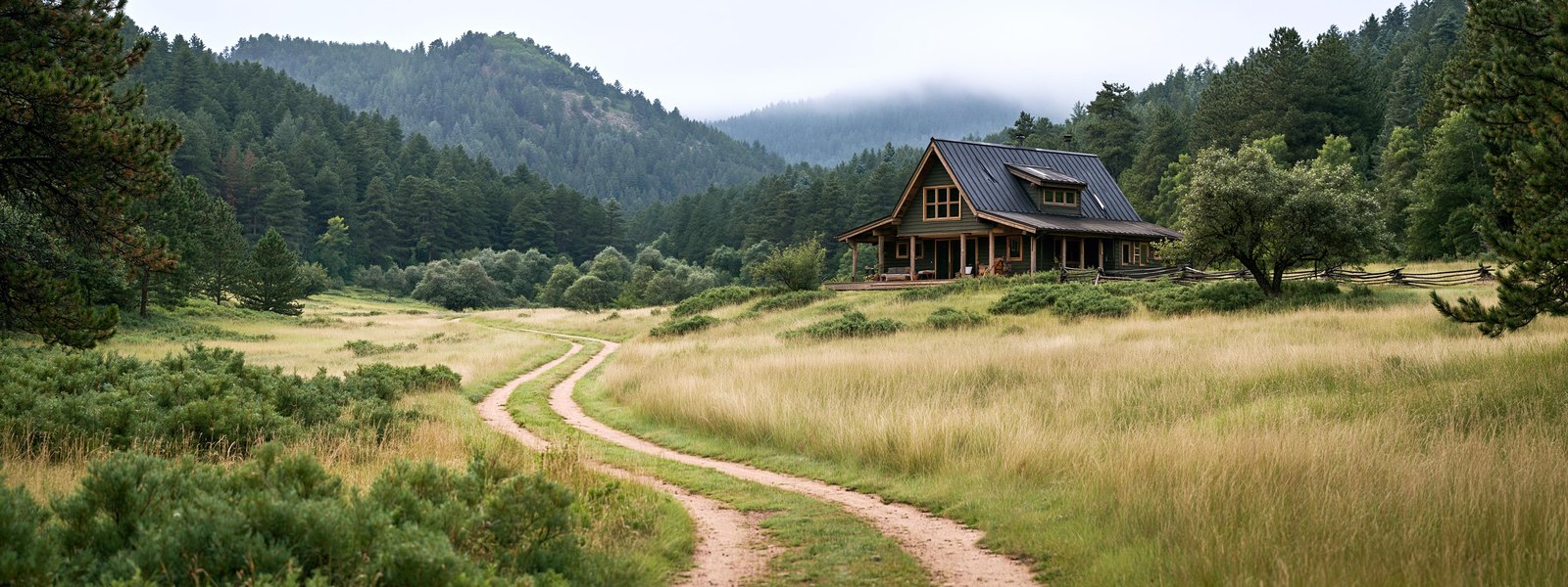 Houses among tall pines on wooded acreage in Black Forest, Colorado
